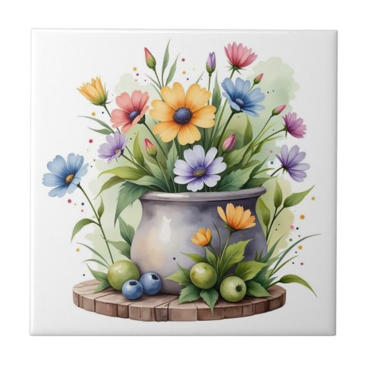 orange, rosa, gelbe und blaue Blumen Fliese (Vorderseite)