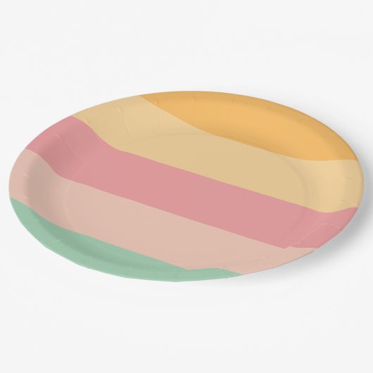 Orange rosa grüne Streifen Pappteller (Schrägansicht)