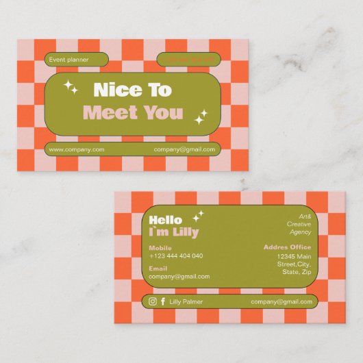 Orange rosa grünes Retro-Karton Boho Visitenkarte (Vorne/Hinten)