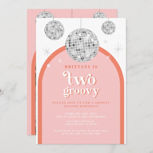 Orange Rosa Retro Disco Arche Einladung (Vorne/Hinten)