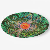 Orange Rose auf grünem, elegantem Muster Pappteller (Schrägansicht)