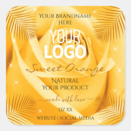 Orange Rose Blume Produktkennzeichnungen Palm Blät Quadratischer Aufkleber