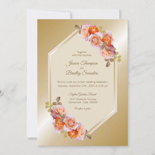 Orange Rose Floral Gold Floral Wedding Einladung (Vorderseite)