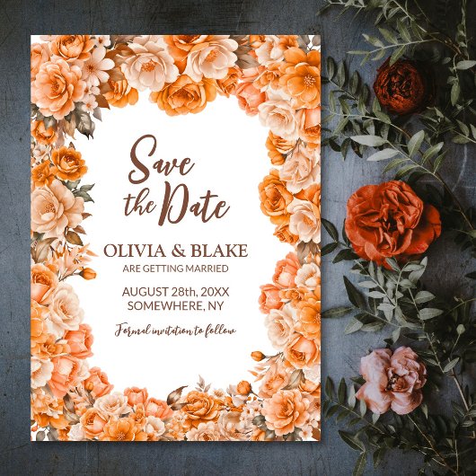 Orange Rose Floral Wedding Save The Date