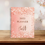 Orange Rose Gold Glitzer Namensskript 2023 Planer<br><div class="desc">Ein goldener Hintergrund in Orange und Rose. Dekoriert mit Imitaten Glitzer Glitzern. Personalisieren und fügen Sie einen Titel und einen Namen hinzu. Der Name ist mit einem modernen Skript geschrieben,  Signatur-Look.</div>