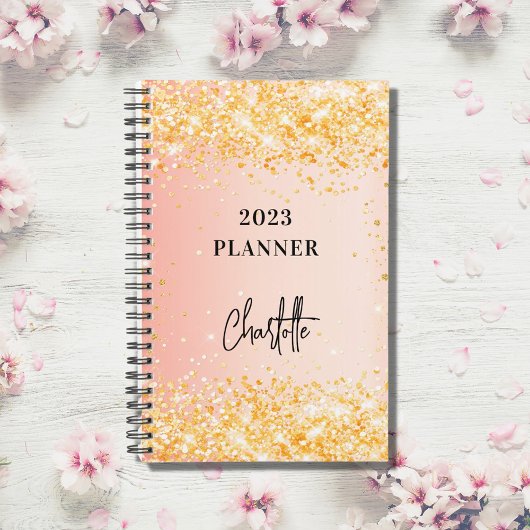 Orange Rose Gold Glitzer Skript Glam 2023 Planer