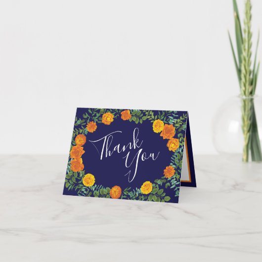 Orange Rose Navy Blue Wedding Dankeskarte (Vorderseite)