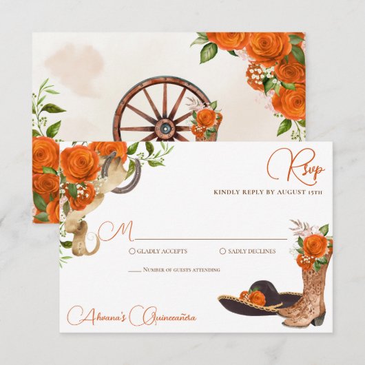Orange Rose Rustikaler Charro Western Quinceanera RSVP Karte (Vorne/Hinten)
