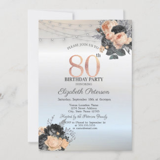 Orange Rose String Lights Silver 80. Geburtstag Einladung