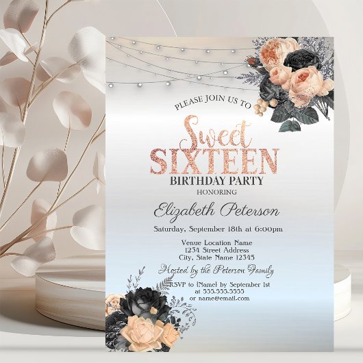 Orange Rose String Lights Silver Sweet 16 Einladung
