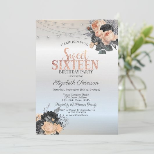 Orange Rose String Lights Silver Sweet 16 Einladung (Stehend Vorderseite)