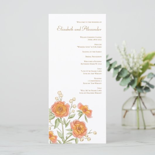 Orange Rose Wedding Programs Menükarte (Stehend Vorderseite)