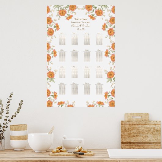 Orange Rose Wedding Seating Chart Poster (Küche)