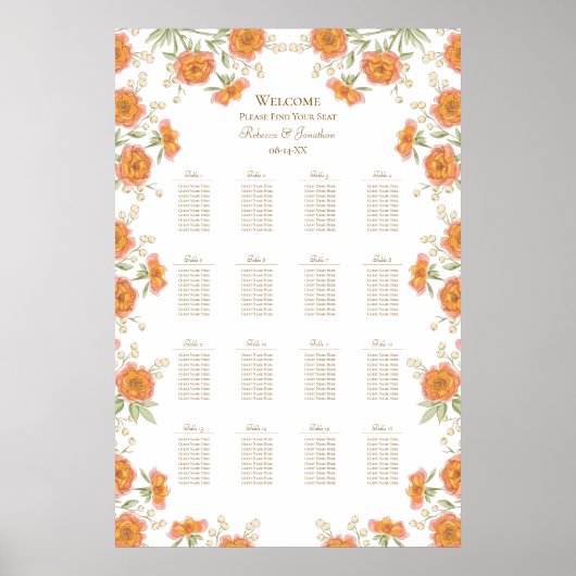 Orange Rose Wedding Seating Chart Poster (Vorne)