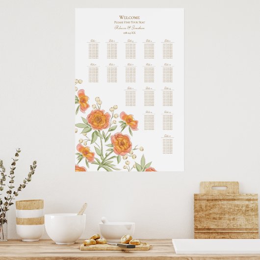 Orange Rose Wedding Seating Chart Poster (Küche)