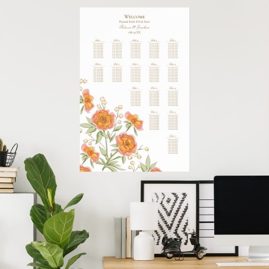 Orange Rose Wedding Seating Chart Poster (Heimbüro)