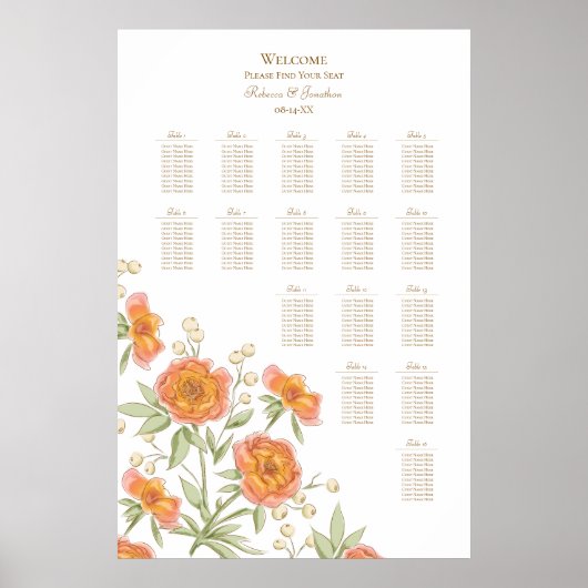 Orange Rose Wedding Seating Chart Poster (Vorne)
