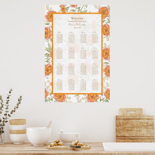 Orange Rose Wedding Seating Chart Poster (Küche)