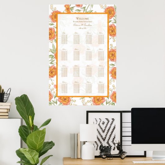 Orange Rose Wedding Seating Chart Poster (Heimbüro)