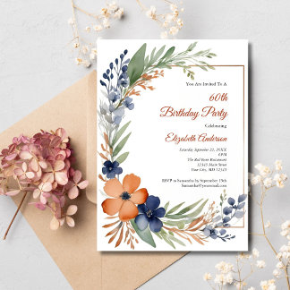 Orange-Rost-Blau-Aquarell-Blumen 60. Geburtstag Einladung