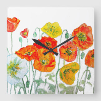 Orange Rot Gelbe Klatschmohn Wasserfarbe Kissen We Quadratische Wanduhr