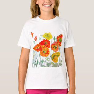 Orange Rot Gelbe Mohn-Wasserfarbe-Kissen Weiß T-Shirt