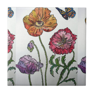 Orange Rot Lila Mohn Wasserfarben Blumenmuster Fliese