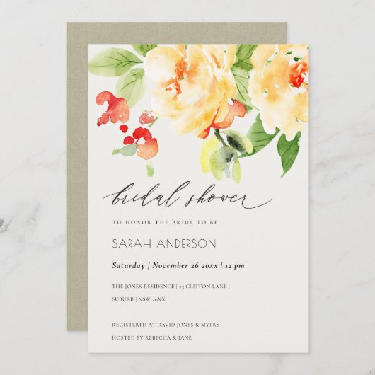 ORANGE ROTE ROSE WATERCOLOR FLORAL BRAUTPARTY EINLADUNG (Vorne/Hinten)