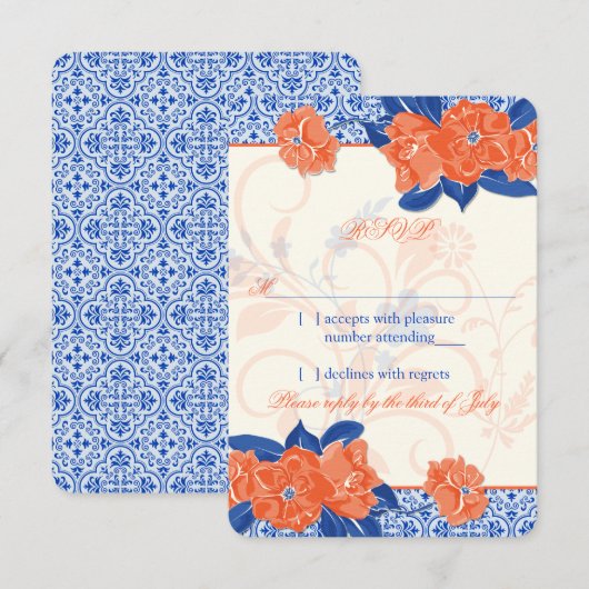 Orange Royal Blue Floral Wedding RSVP Reply (Vorne/Hinten)