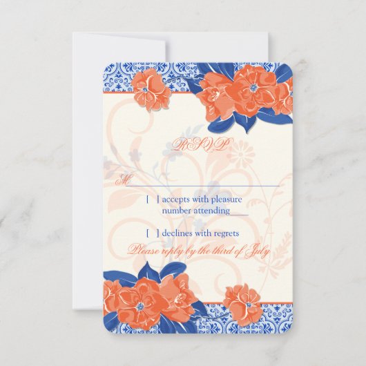 Orange Royal Blue Floral Wedding RSVP Reply (Vorderseite)