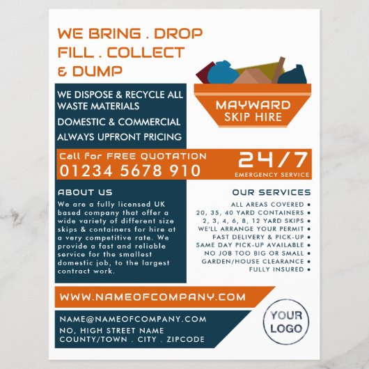Orange Rubbish Skip Design, Skip/Dumpster Company Flyer (Vorne)
