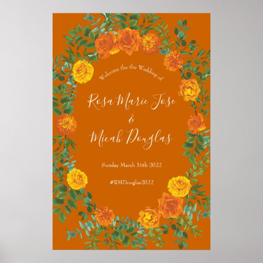 Orange & Rust Fall Peony & Rose Blumenhochzeit Poster (Vorne)