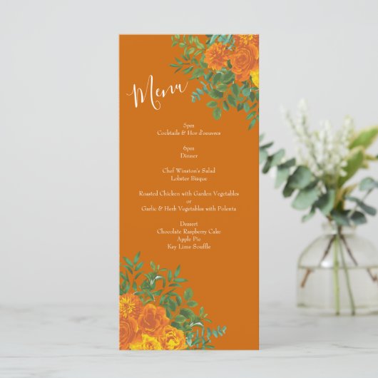 Orange & Rust Fall Peony & Rose Hochzeitsmenü Menükarte (Stehend Vorderseite)