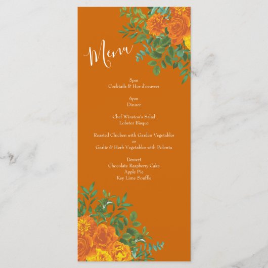 Orange & Rust Fall Peony & Rose Hochzeitsmenü Menükarte (Vorderseite)