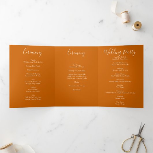 Orange & Rust Fall Peony Rose Hochzeitsprogramme Dreifach-gefaltete Programmkarte (Innenseite)