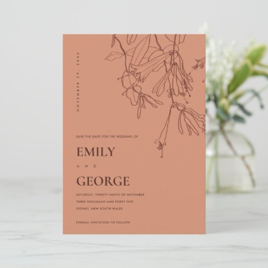 ORANGE RUST LINIE ZEICHNEND FLORALE SAVE THE DATE DANKESKARTE (Stehend Vorderseite)