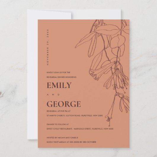 ORANGE RUST ZEICHNEND FLORAL PROBE DINNER EINLADEN DANKESKARTE (Vorderseite)