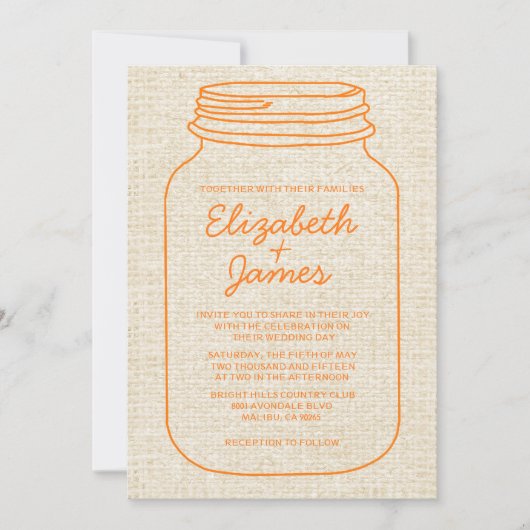 Orange Rustic Burlap Mason Jar Wedding Einladungen (Vorderseite)