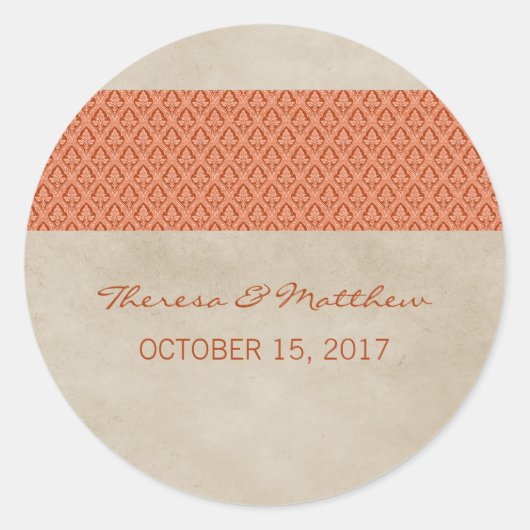 Orange Rustic Damask Wedger Stickers (Vorderseite)