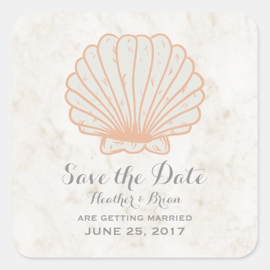Orange Rustic Seashell Save the Date Quadratischer Aufkleber (Vorderseite)