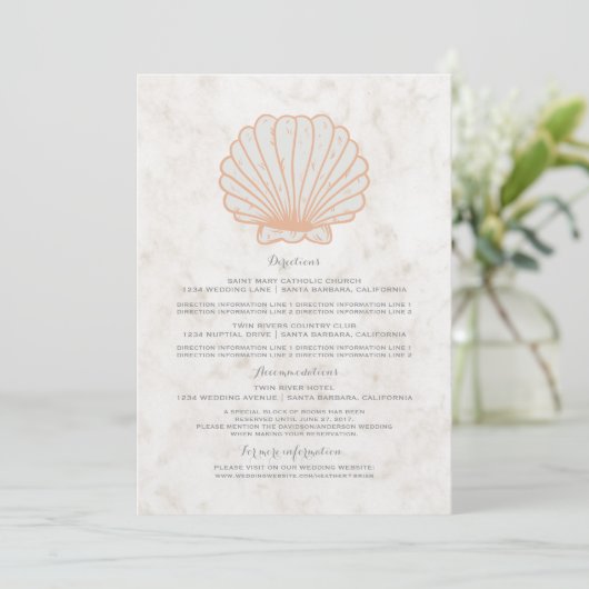 Orange Rustic Seashell Wedding Information Einladung (Stehend Vorderseite)