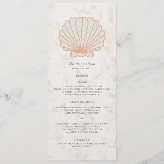 Orange Rustic Seashell Wedding Menu Menükarte (Vorderseite)