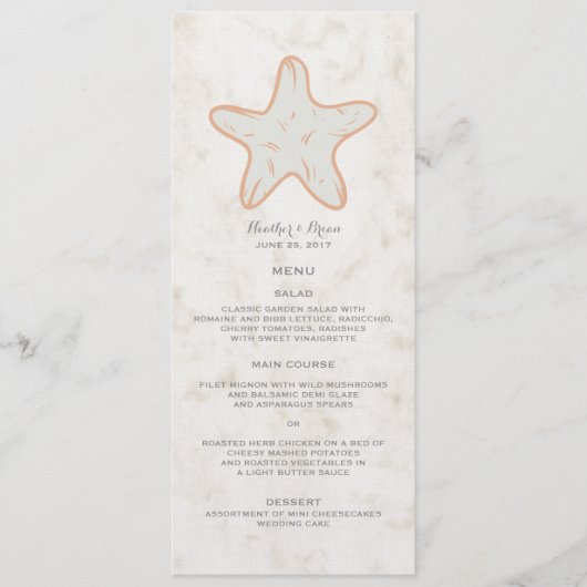 Orange Rustic Starfish Wedding Menu Menükarte (Vorderseite)