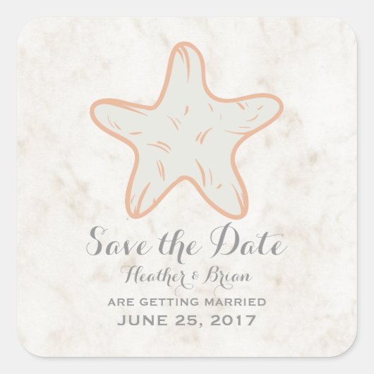 Orange Rusticus Starfish Save the Date Quadratischer Aufkleber (Vorderseite)
