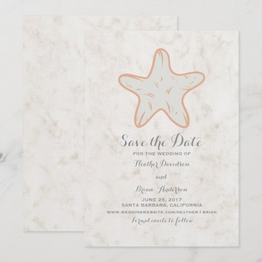 Orange Rustikale Starfish Save the Date einladen (Vorne/Hinten)