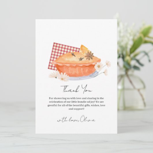 Orange Rustikale Süsse Pie Blume Fall Baby Dusche Dankeskarte (Stehend Vorderseite)