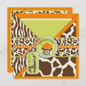 Orange Safari Giraffe & Cupcake 5. Geburtstag Einladung (Vorne/Hinten)