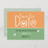 Orange Sage Green Moderne Typografie Save the Date Ankündigungspostkarte (Vorne/Hinten)