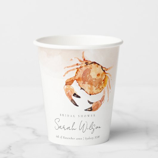 Orange Sand Coastal Crab Nautisches Brautparty Pappbecher (Vorderseite)