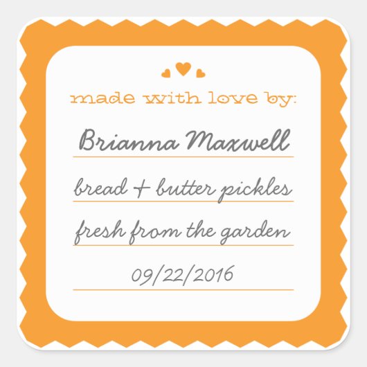 Orange Scallop Hearts Jar Label Square Sticker (Vorderseite)